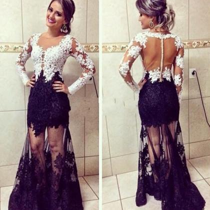 New Arrival White And Black Evening Dresses Sheer O-Neck Long Prom ...