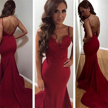Long Prom Dress Sexy Red Mermaid Spaghetti Straps Sleeveless Backless Prom Dresses 2018 Open Back Lace
