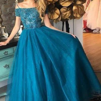 Ball Gown Off-the-Shoulder Dark Blue Tulle Prom Dress with Beading