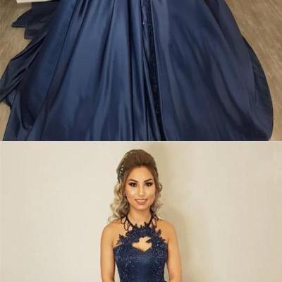 Sexy Halter Top Prom Gown, Long Satin Ball Gowns,Wedding Dresses,Lace Embroidery Beaded Ball Gown