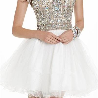 New Arrival Ball Gown Beaded Bodice Open Back White Tulle Cap Sleeve Homecoming Dress Short Prom Dresses