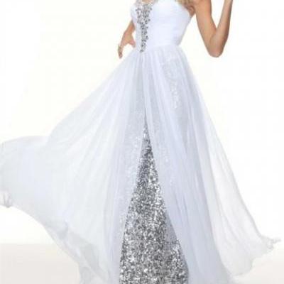 2016 Elegant Sweetheart Long White Prom Dresses With Silver Sequin evening dress For teens