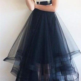 Long section of prom dresses, sexy black tulle prom dress