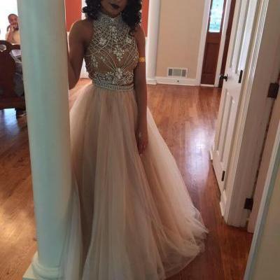 Charming Prom Dress,Tulle Prom Dress,A-Line Prom Dress,High-Neck Prom Dress,Beading Prom Dress,Noble Prom Dress