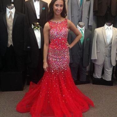 Mermaid Long Prom Dresses,Red Prom Gowns,Beading Prom Dresses, Party Dresses 2016,Sparkle Prom Gown,Sparkly Prom Dress,Sexy Evening Dresses,Tulle Evening Gown