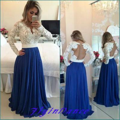 White Lace Royal Blue Skirt Long Prom Dresses,Long Sleeves V Neck Evening Gowns,See Through Cheap Party Dress,Formal Women Dress