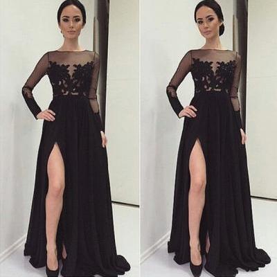 Black Prom Dresses,Lace Evening Dress,Sexy Prom Dress,Prom Dresses With Long Sleeves,Open Back Prom Dress,Sexy Black Evening Dress,A line Evening Gowns
