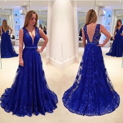 Sexy Backless Royal Blue V neck Long Prom Dresses,Lace Prom Dress, Open Back Evening Dresses ,Charming Evening Gowns