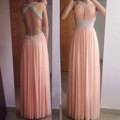 New Arrival Sexy Prom Dress Evening Dresses Sexy Backless Blush Pink Halter Long Party Dress with Beadings