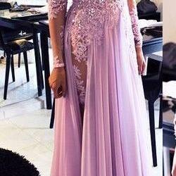 New Arrival Sexy Prom Dress Evening Dresses Sheer Neck Long Sleeves Lavender Lace and Chiffon Floor Length Party Dress Evening Gown with Beadings and Rhinestones