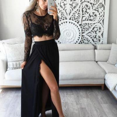 Long Prom Dress,Two Piece Prom Dresses,High Slit Evening Dress,Sexy Prom Dress with Full Sleeve,Sheer Prom Dress