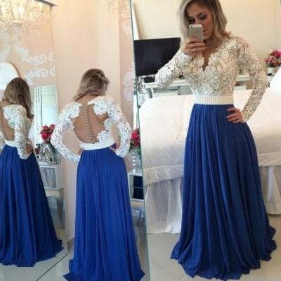 Charming Prom Dress,Long Sleeve Evening Dress,See Though Chiffon Evening Gown,Appliques Formal Dress