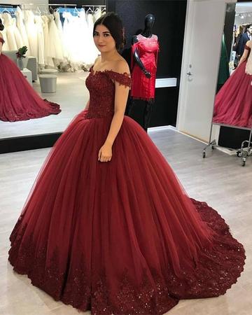 Long Sleeves Ball Gowns Wedding Dresses Lace Maroon Quinceanera Dresse   MyChicDress