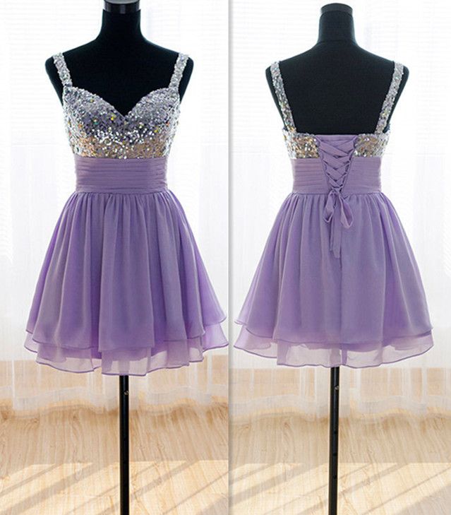 Pretty Lavender Short Chiffon Sequins Prom Dresses, Light Purple