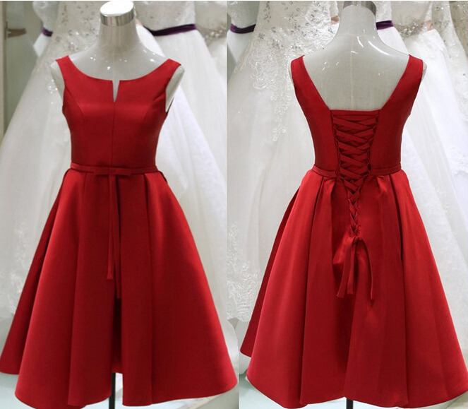 Pretty Red Sation Short Red Lace-up Prom Dresses, Short Red Formal ...