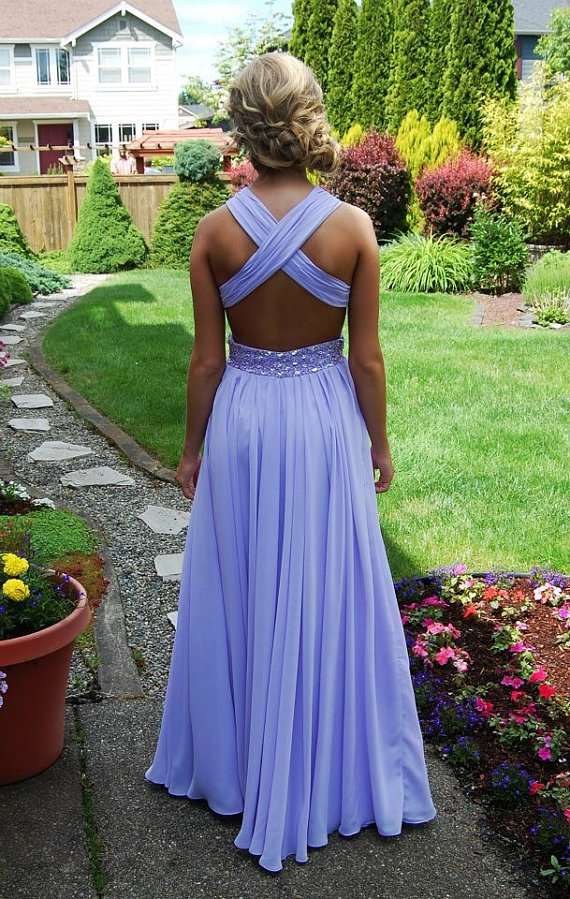 Custom Made A Line Straps Cross-Back Floor Length Lilac Prom Dress ...