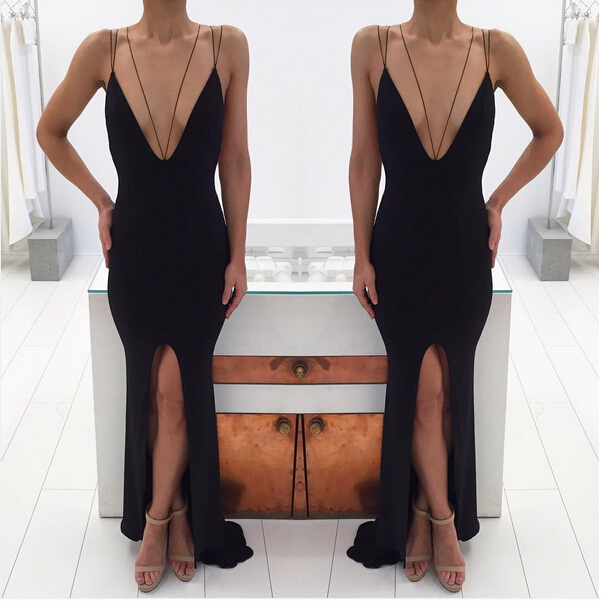 Modern Black Spaghetti Strap Prom Dress 2016 Front Split Open Back Prom