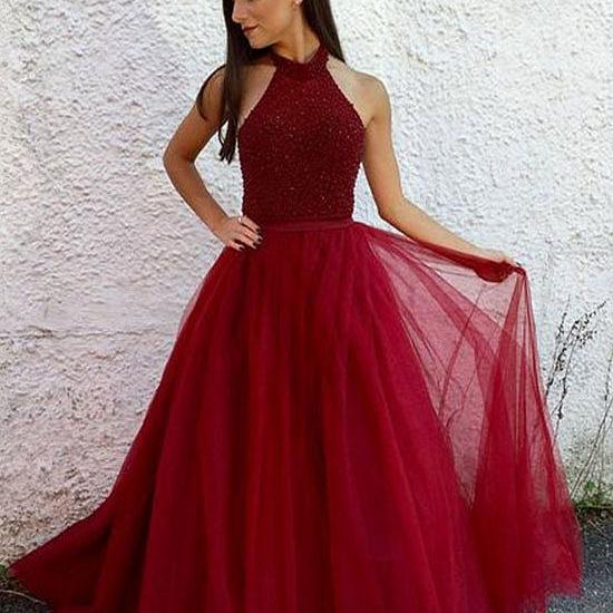Burgundy Halter Beaded Tulle Long Prom Dress,burgundy Evening Dress on ...