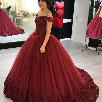 Lovely Lace Appliques Prom Gowns V-neck Off Shoulder Prom Dresses Tulle ...