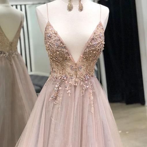 Beautiful Glamorous Custom Made V Neck Tulle Long Prom Dress, Spaghetti ...