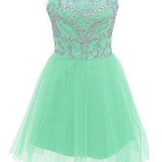 Short Mint Prom Dresses 2015 Style A Line Silver Beads Spakle Tulle ...