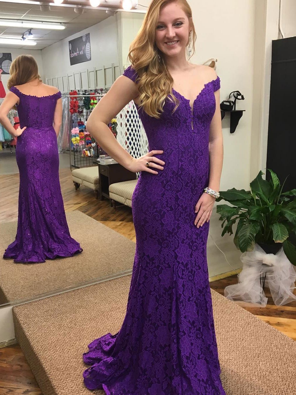 Off The Shoulder Purple Mermaid Lace Prom Dresses Long Prom Dresses Fd2 ...