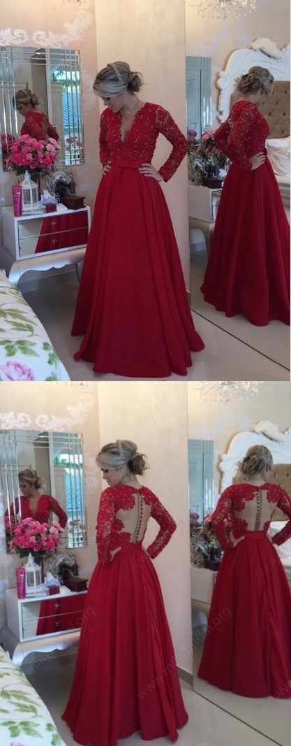 Newest Princess V-neck Lace Satin Floor-length Beading Long Sleeve Prom ...