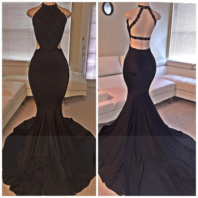 2016 Black Mermaid Backless Evening Dress Backless Prom Dresses Beading Prom Dress Long Prom
